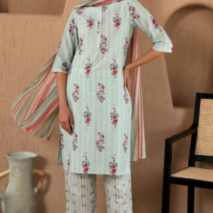 Floral Print Cotton Kurta With Straight Pant & Dupatta