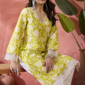 Black Floral Printed V-Neck Thread Work Pure Cotton Straight Kurta